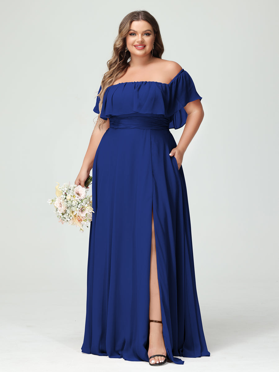 A-Line/Princess Off-the-Shoulder Short Sleeves Chiffon Split Side Plus Size Bridesmaid Dresses with Pockets