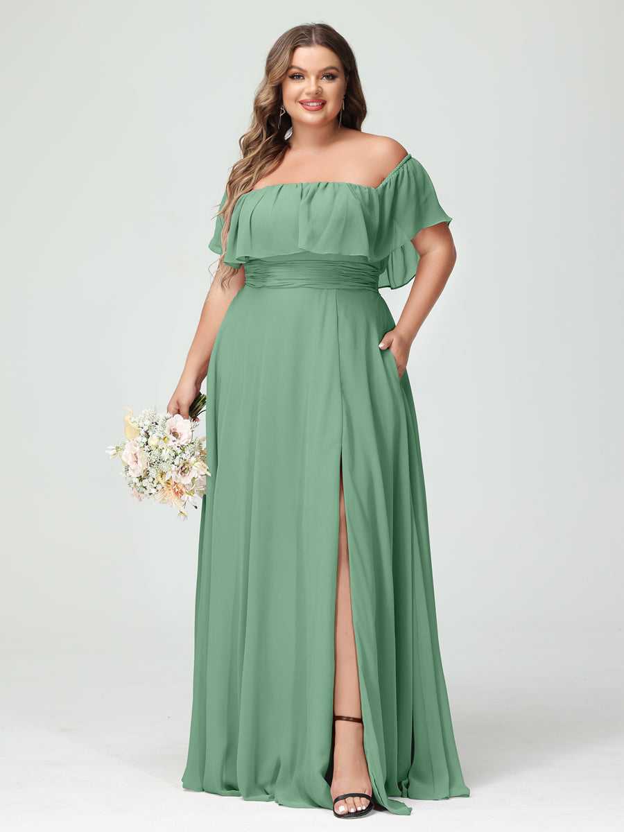 A-Line/Princess Off-the-Shoulder Short Sleeves Chiffon Split Side Plus Size Bridesmaid Dresses with Pockets