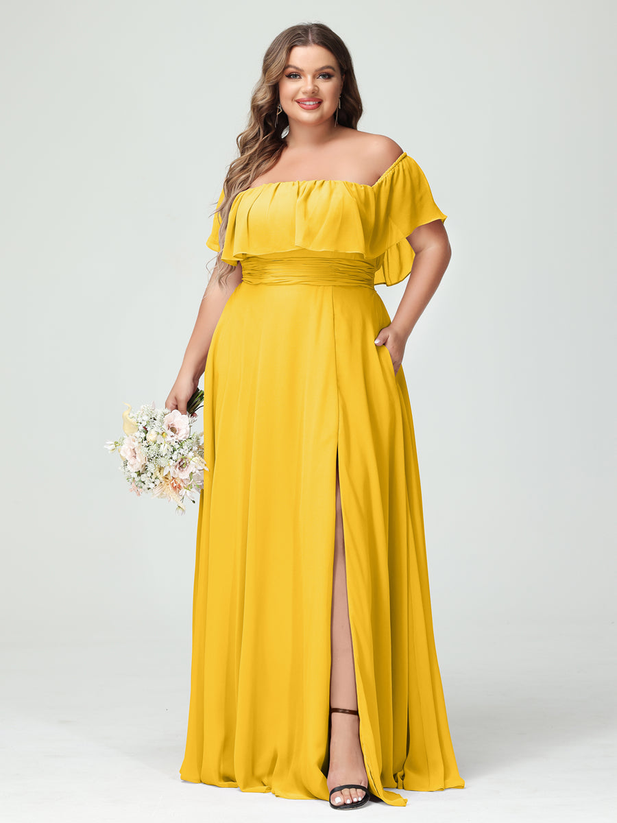 A-Line/Princess Off-the-Shoulder Short Sleeves Chiffon Split Side Plus Size Bridesmaid Dresses with Pockets