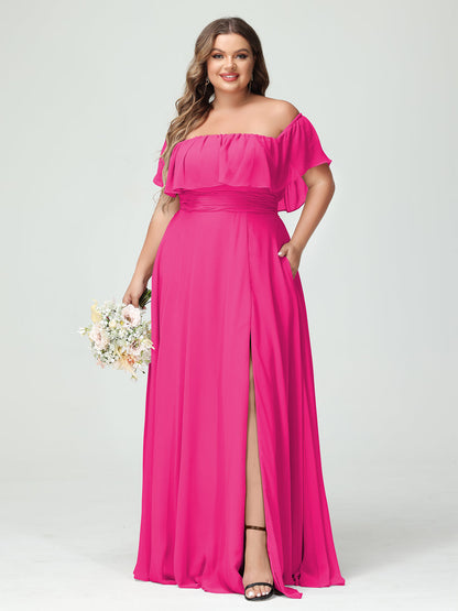 A-Line/Princess Off-the-Shoulder Short Sleeves Chiffon Split Side Plus Size Bridesmaid Dresses with Pockets