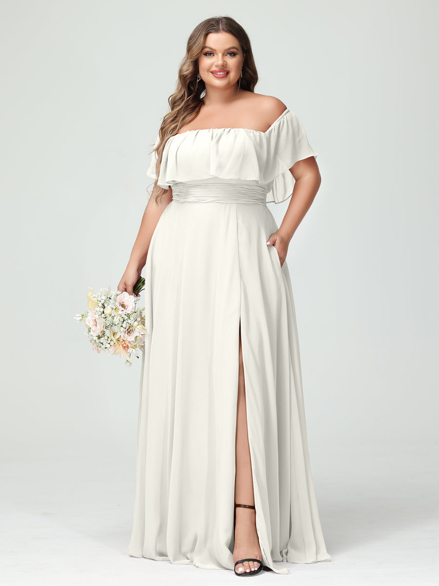 A-Line/Princess Off-the-Shoulder Short Sleeves Chiffon Split Side Plus Size Bridesmaid Dresses with Pockets