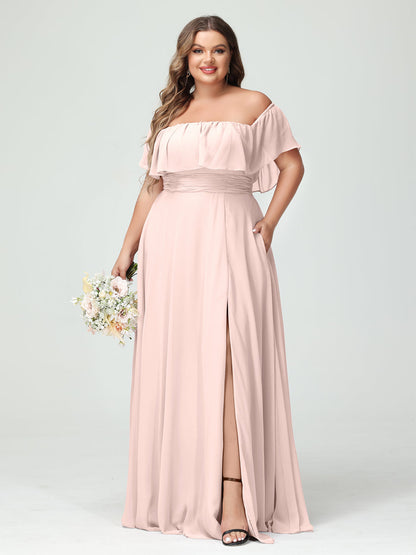 A-Line/Princess Off-the-Shoulder Short Sleeves Chiffon Split Side Plus Size Bridesmaid Dresses with Pockets