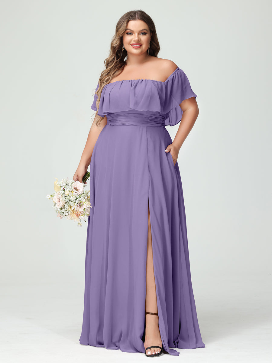 A-Line/Princess Off-the-Shoulder Short Sleeves Chiffon Split Side Plus Size Bridesmaid Dresses with Pockets