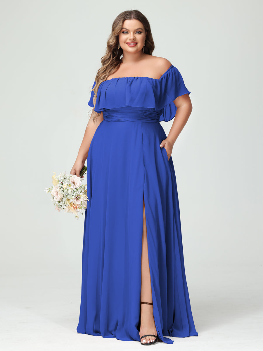 A-Line/Princess Off-the-Shoulder Short Sleeves Chiffon Split Side Plus Size Bridesmaid Dresses with Pockets