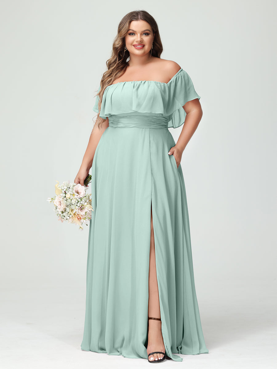 A-Line/Princess Off-the-Shoulder Short Sleeves Chiffon Split Side Plus Size Bridesmaid Dresses with Pockets