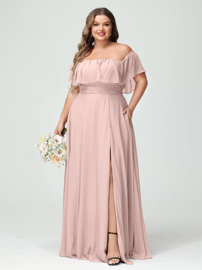 A-Line/Princess Off-the-Shoulder Short Sleeves Chiffon Split Side Plus Size Bridesmaid Dresses with Pockets