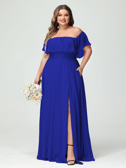 A-Line/Princess Off-the-Shoulder Short Sleeves Chiffon Split Side Plus Size Bridesmaid Dresses with Pockets