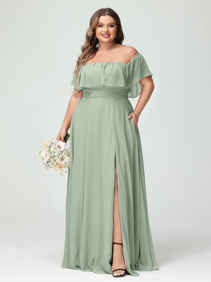 A-Line/Princess Off-the-Shoulder Short Sleeves Chiffon Split Side Plus Size Bridesmaid Dresses with Pockets