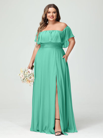 A-Line/Princess Off-the-Shoulder Short Sleeves Chiffon Split Side Plus Size Bridesmaid Dresses with Pockets