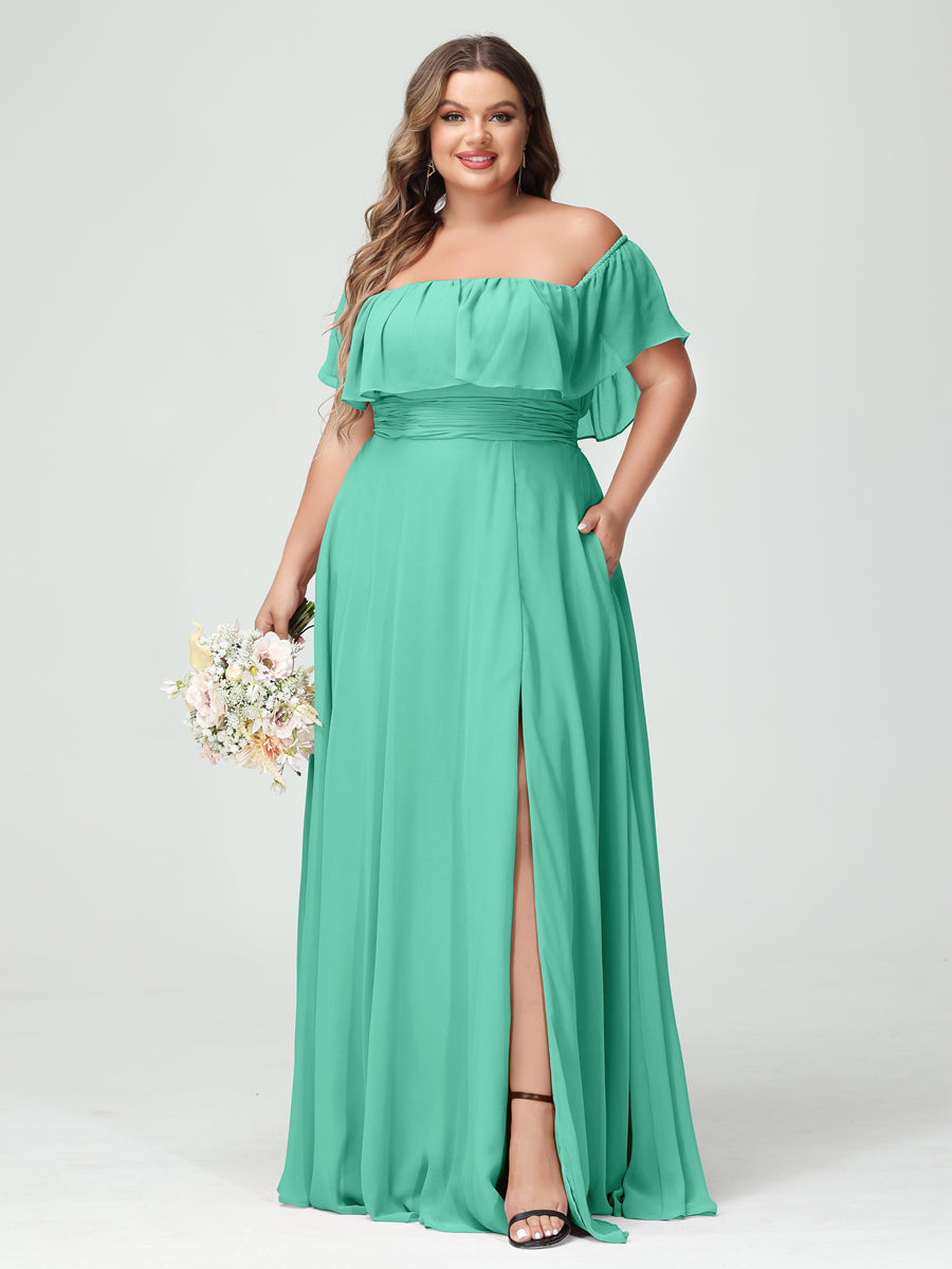 A-Line/Princess Off-the-Shoulder Short Sleeves Chiffon Split Side Plus Size Bridesmaid Dresses with Pockets