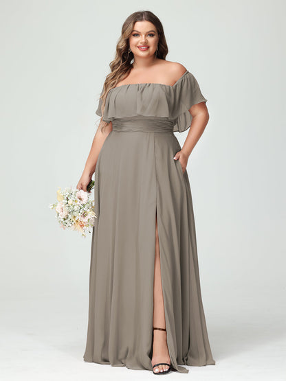 A-Line/Princess Off-the-Shoulder Short Sleeves Chiffon Split Side Plus Size Bridesmaid Dresses with Pockets