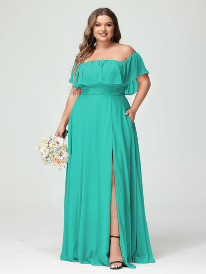 A-Line/Princess Off-the-Shoulder Short Sleeves Chiffon Split Side Plus Size Bridesmaid Dresses with Pockets