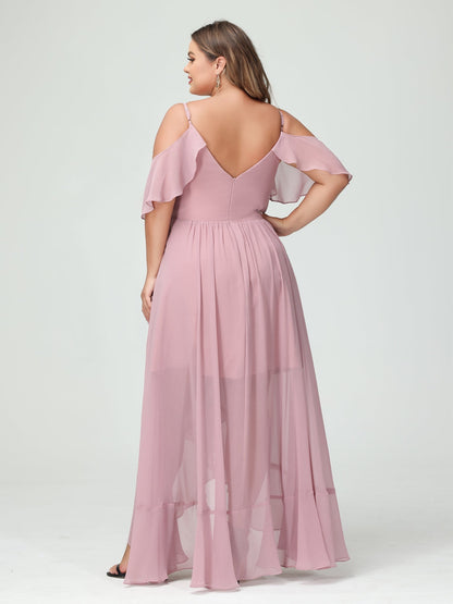 A-Line/Princess Spaghetti Straps V-Neck Short Sleeves Chiffon Ruffles Asymmetrical Plus Size Bridesmaid Dresses