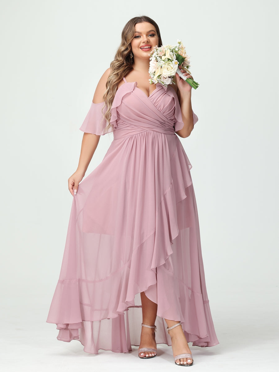 A-Line/Princess Spaghetti Straps V-Neck Short Sleeves Chiffon Ruffles Asymmetrical Plus Size Bridesmaid Dresses