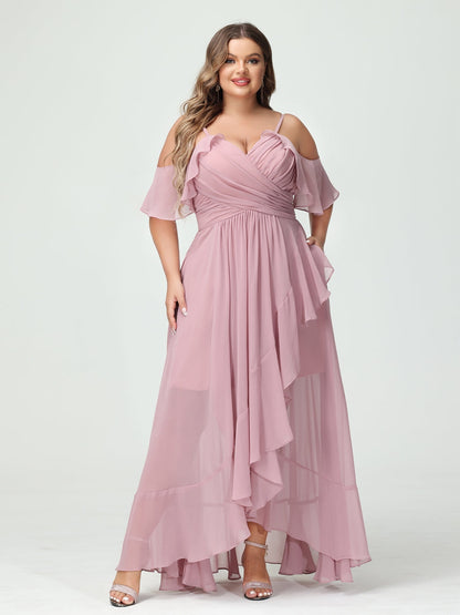 A-Line/Princess Spaghetti Straps V-Neck Short Sleeves Chiffon Ruffles Asymmetrical Plus Size Bridesmaid Dresses