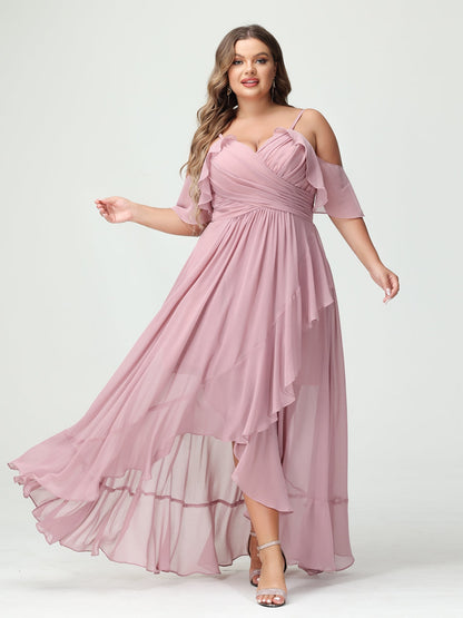 A-Line/Princess Spaghetti Straps V-Neck Short Sleeves Chiffon Ruffles Asymmetrical Plus Size Bridesmaid Dresses