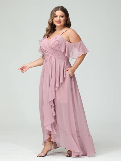 A-Line/Princess Spaghetti Straps V-Neck Short Sleeves Chiffon Ruffles Asymmetrical Plus Size Bridesmaid Dresses