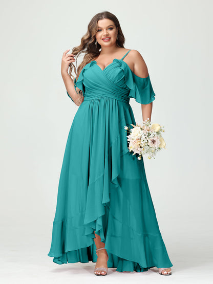 A-Line/Princess Spaghetti Straps V-Neck Short Sleeves Chiffon Ruffles Asymmetrical Plus Size Bridesmaid Dresses