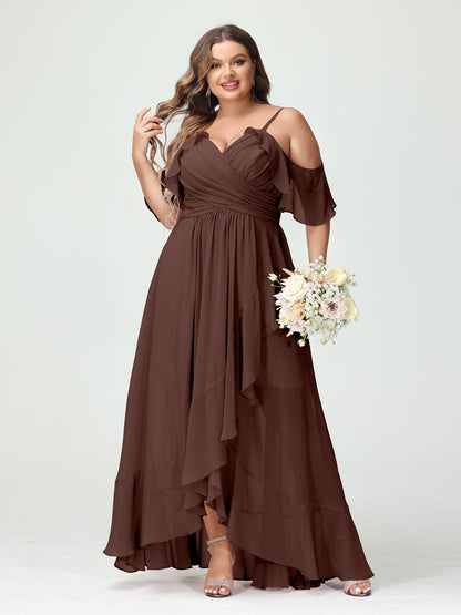 A-Line/Princess Spaghetti Straps V-Neck Short Sleeves Chiffon Ruffles Asymmetrical Plus Size Bridesmaid Dresses