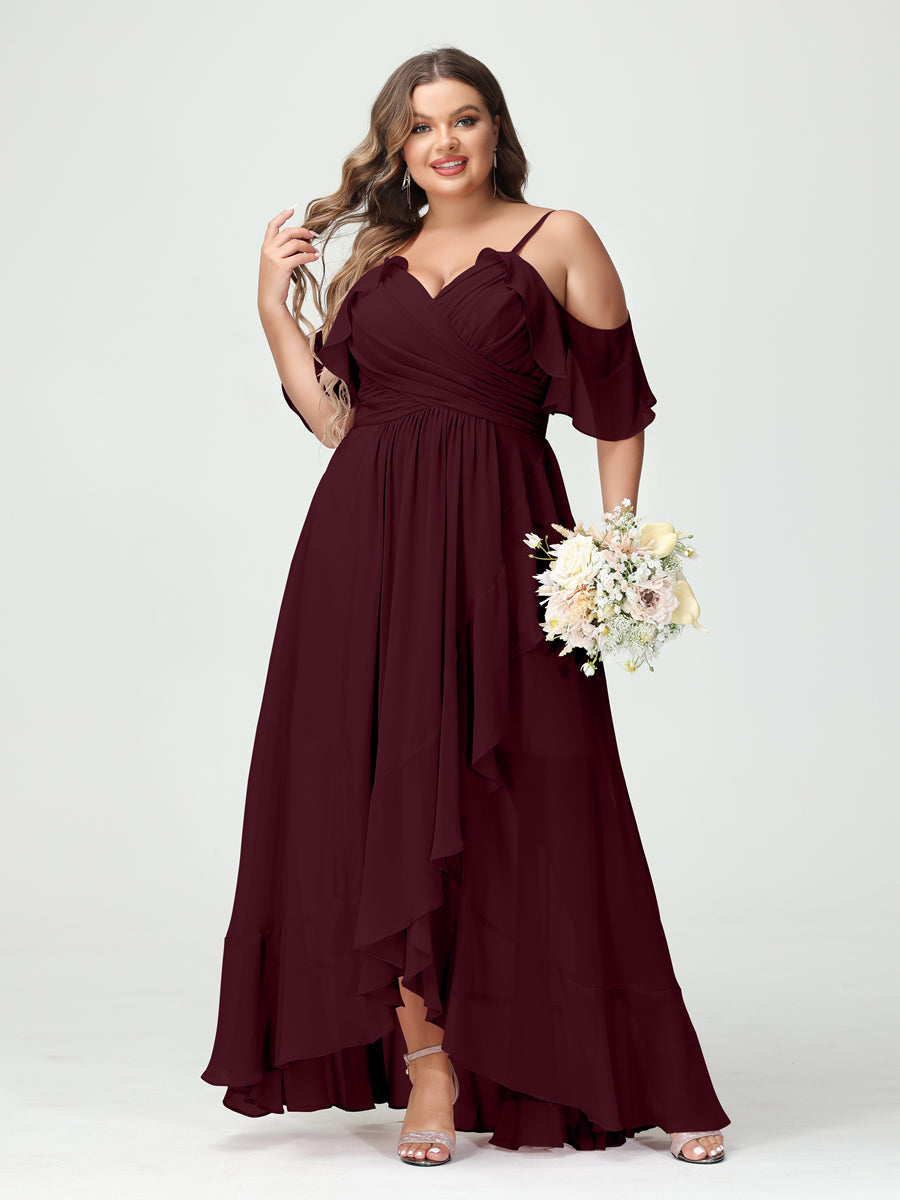 A-Line/Princess Spaghetti Straps V-Neck Short Sleeves Chiffon Ruffles Asymmetrical Plus Size Bridesmaid Dresses