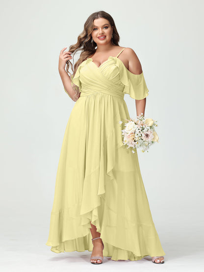 A-Line/Princess Spaghetti Straps V-Neck Short Sleeves Chiffon Ruffles Asymmetrical Plus Size Bridesmaid Dresses