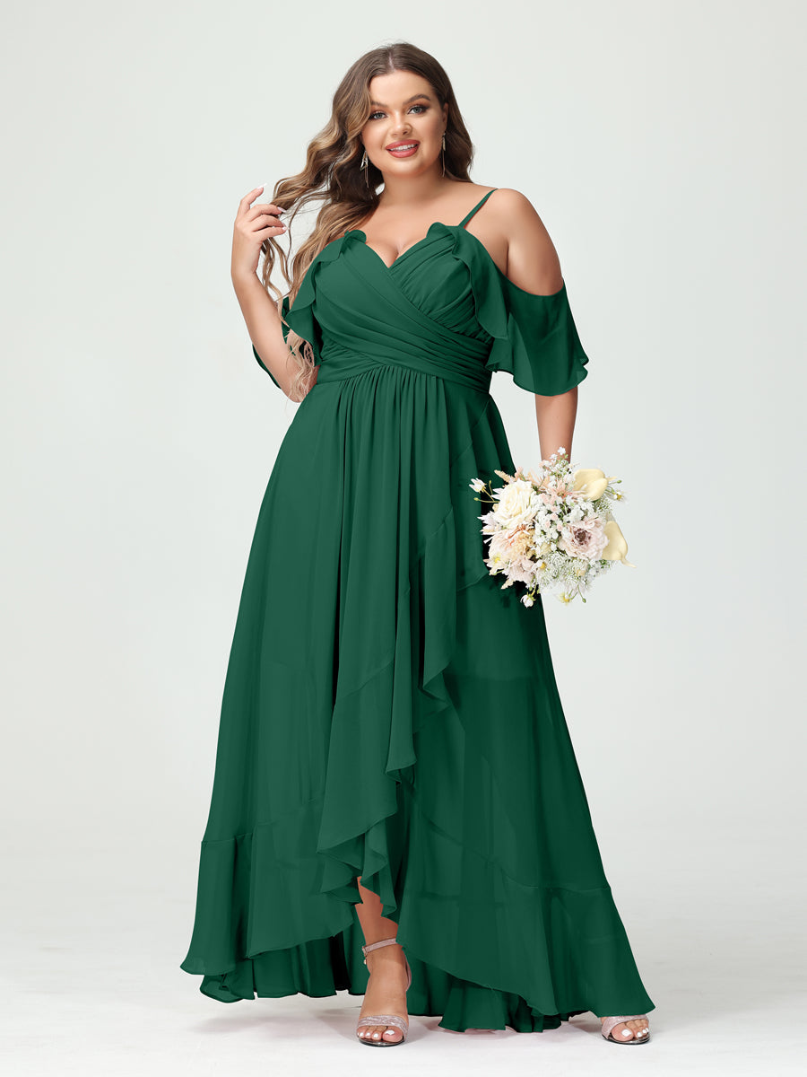 A-Line/Princess Spaghetti Straps V-Neck Short Sleeves Chiffon Ruffles Asymmetrical Plus Size Bridesmaid Dresses