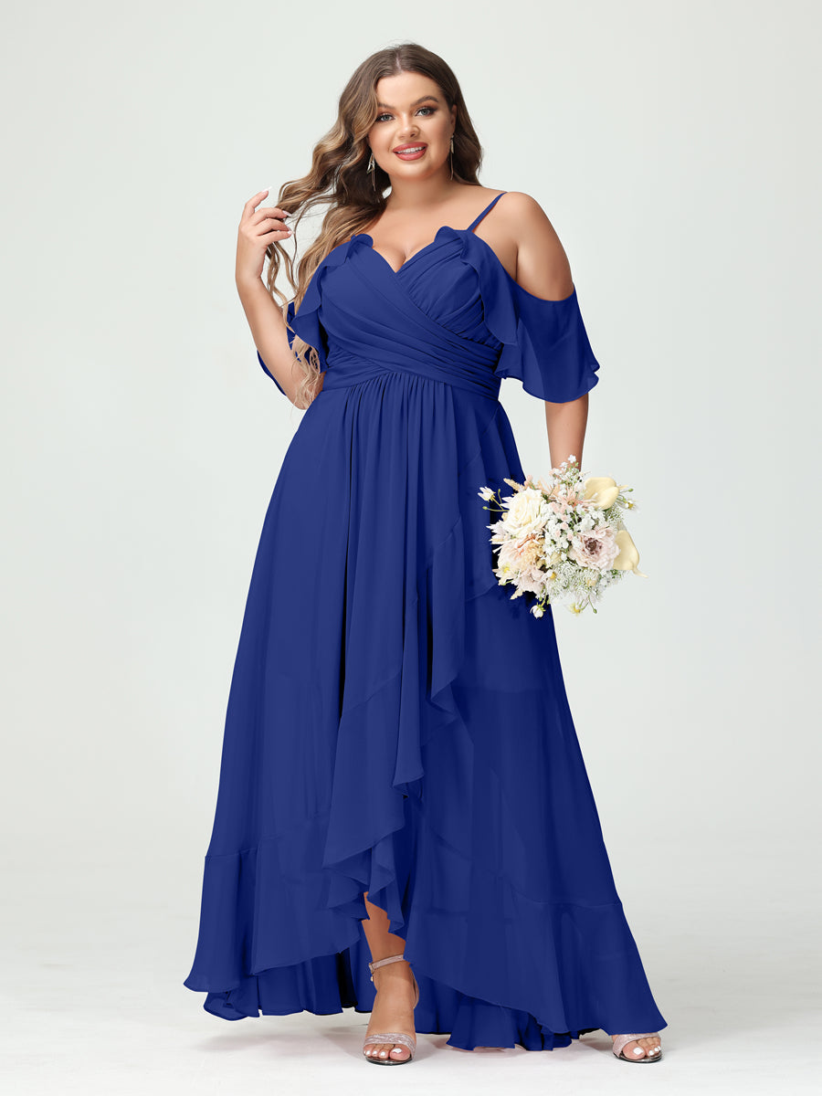 A-Line/Princess Spaghetti Straps V-Neck Short Sleeves Chiffon Ruffles Asymmetrical Plus Size Bridesmaid Dresses