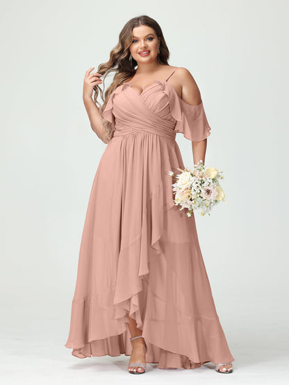 A-Line/Princess Spaghetti Straps V-Neck Short Sleeves Chiffon Ruffles Asymmetrical Plus Size Bridesmaid Dresses