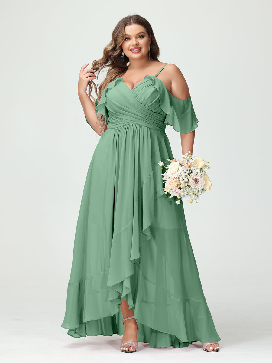 A-Line/Princess Spaghetti Straps V-Neck Short Sleeves Chiffon Ruffles Asymmetrical Plus Size Bridesmaid Dresses