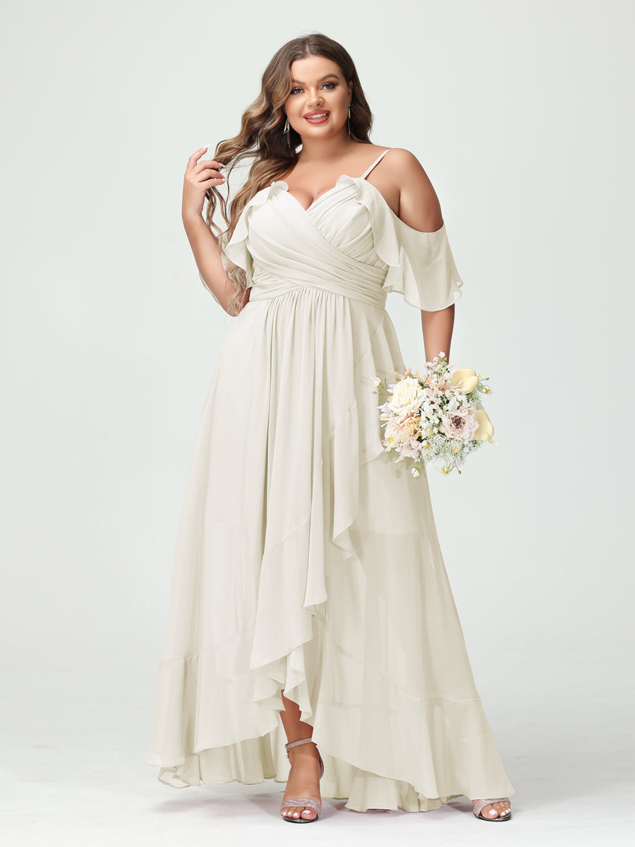 A-Line/Princess Spaghetti Straps V-Neck Short Sleeves Chiffon Ruffles Asymmetrical Plus Size Bridesmaid Dresses