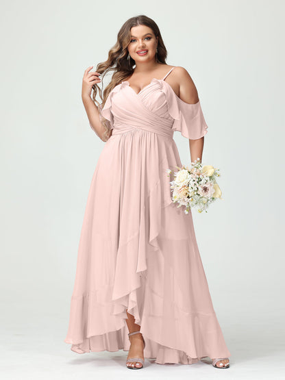 A-Line/Princess Spaghetti Straps V-Neck Short Sleeves Chiffon Ruffles Asymmetrical Plus Size Bridesmaid Dresses