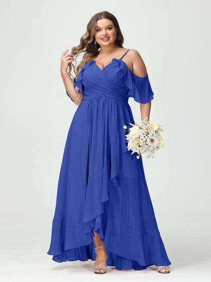 A-Line/Princess Spaghetti Straps V-Neck Short Sleeves Chiffon Ruffles Asymmetrical Plus Size Bridesmaid Dresses