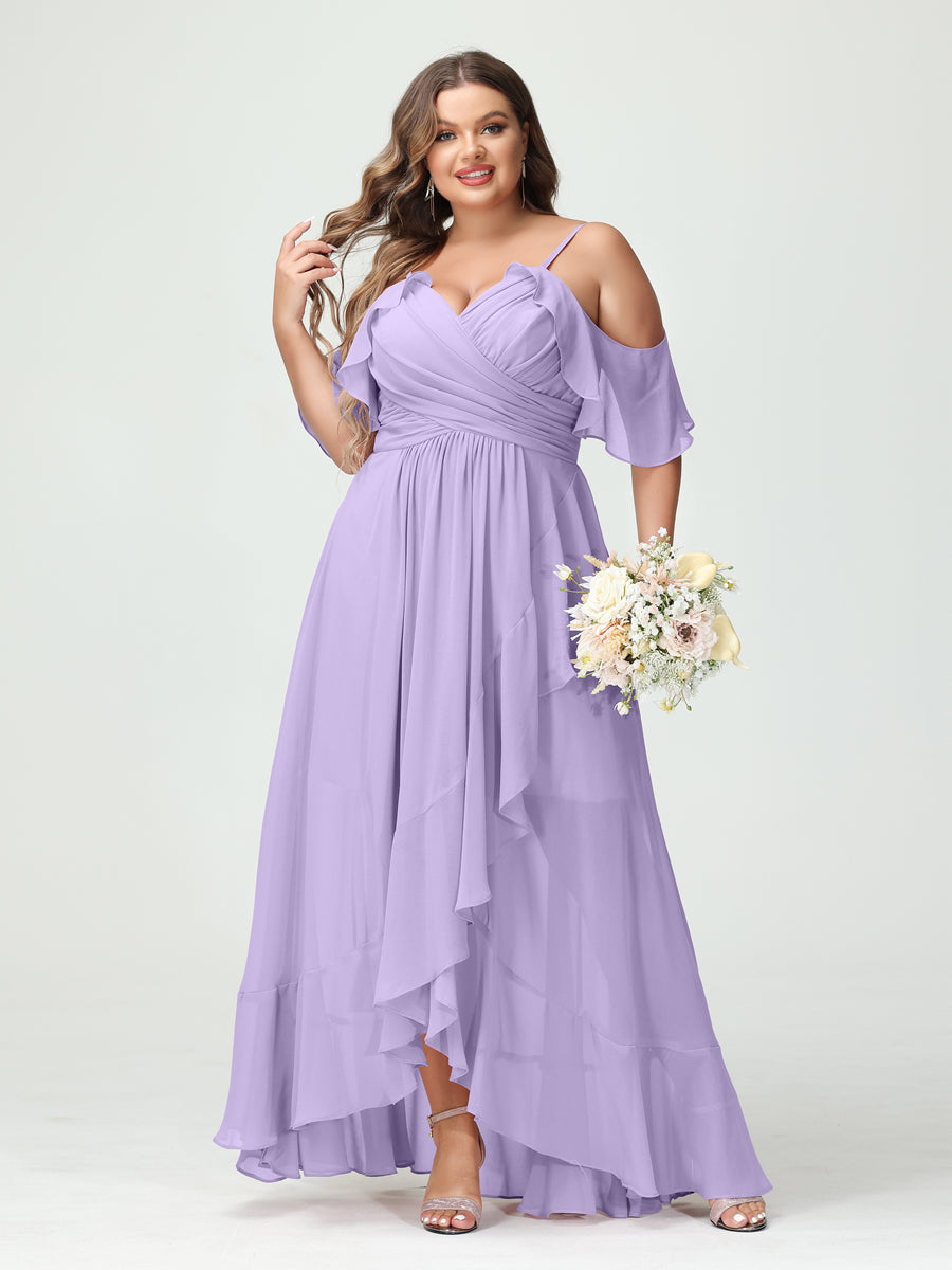 A-Line/Princess Spaghetti Straps V-Neck Short Sleeves Chiffon Ruffles Asymmetrical Plus Size Bridesmaid Dresses