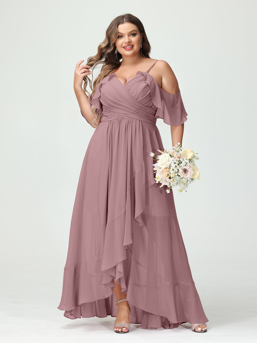 A-Line/Princess Spaghetti Straps V-Neck Short Sleeves Chiffon Ruffles Asymmetrical Plus Size Bridesmaid Dresses