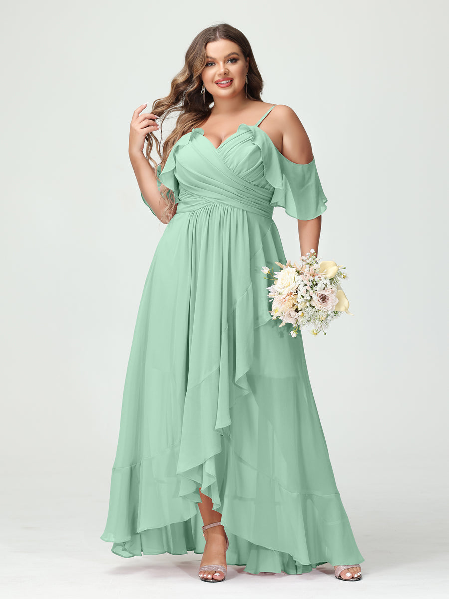 A-Line/Princess Spaghetti Straps V-Neck Short Sleeves Chiffon Ruffles Asymmetrical Plus Size Bridesmaid Dresses