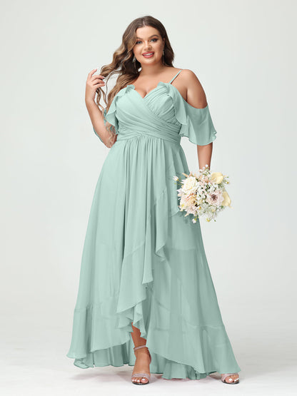 A-Line/Princess Spaghetti Straps V-Neck Short Sleeves Chiffon Ruffles Asymmetrical Plus Size Bridesmaid Dresses