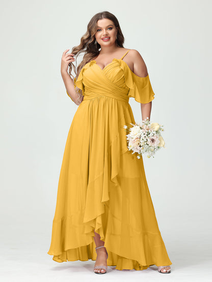 A-Line/Princess Spaghetti Straps V-Neck Short Sleeves Chiffon Ruffles Asymmetrical Plus Size Bridesmaid Dresses