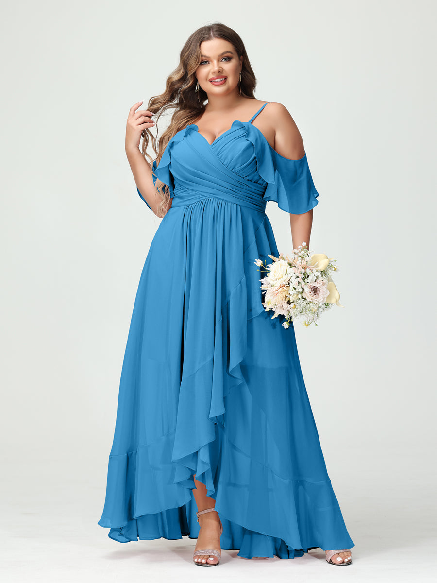 A-Line/Princess Spaghetti Straps V-Neck Short Sleeves Chiffon Ruffles Asymmetrical Plus Size Bridesmaid Dresses