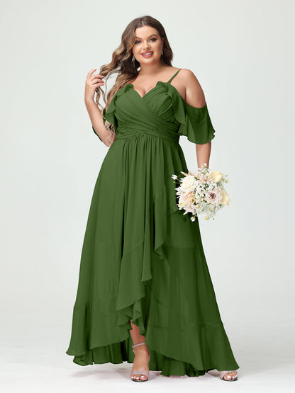 A-Line/Princess Spaghetti Straps V-Neck Short Sleeves Chiffon Ruffles Asymmetrical Plus Size Bridesmaid Dresses