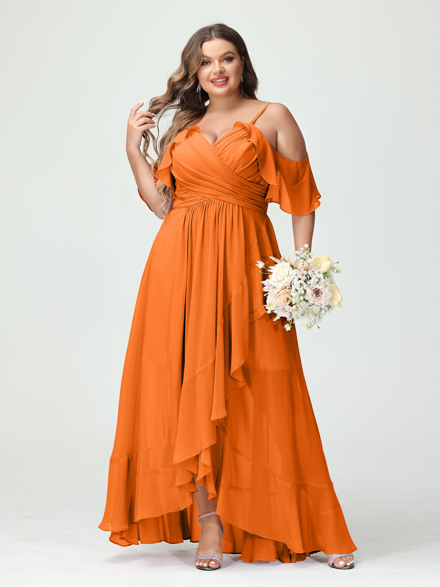 A-Line/Princess Spaghetti Straps V-Neck Short Sleeves Chiffon Ruffles Asymmetrical Plus Size Bridesmaid Dresses