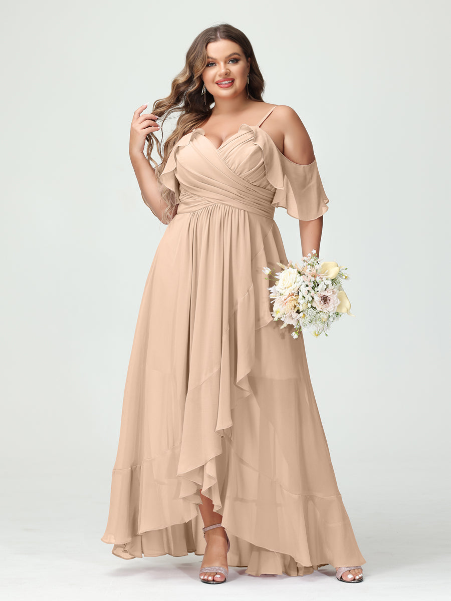 A-Line/Princess Spaghetti Straps V-Neck Short Sleeves Chiffon Ruffles Asymmetrical Plus Size Bridesmaid Dresses