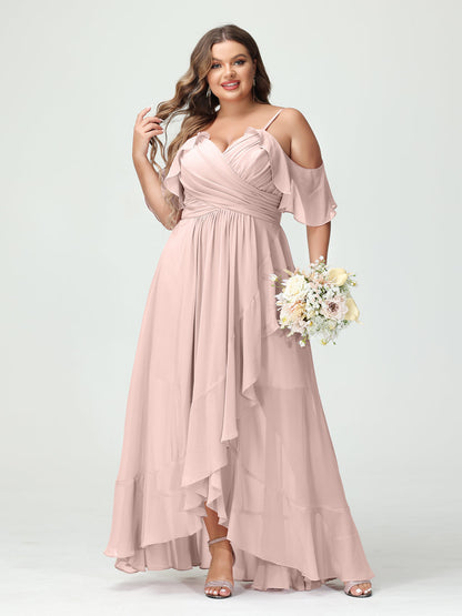 A-Line/Princess Spaghetti Straps V-Neck Short Sleeves Chiffon Ruffles Asymmetrical Plus Size Bridesmaid Dresses