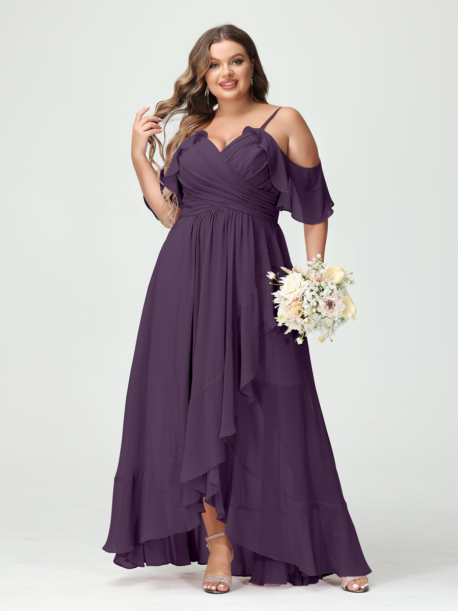 A-Line/Princess Spaghetti Straps V-Neck Short Sleeves Chiffon Ruffles Asymmetrical Plus Size Bridesmaid Dresses