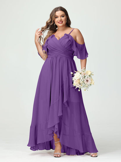 A-Line/Princess Spaghetti Straps V-Neck Short Sleeves Chiffon Ruffles Asymmetrical Plus Size Bridesmaid Dresses