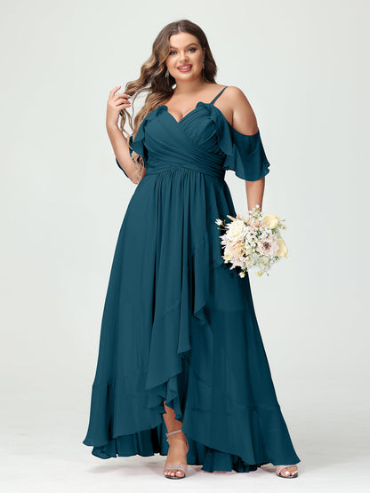 A-Line/Princess Spaghetti Straps V-Neck Short Sleeves Chiffon Ruffles Asymmetrical Plus Size Bridesmaid Dresses