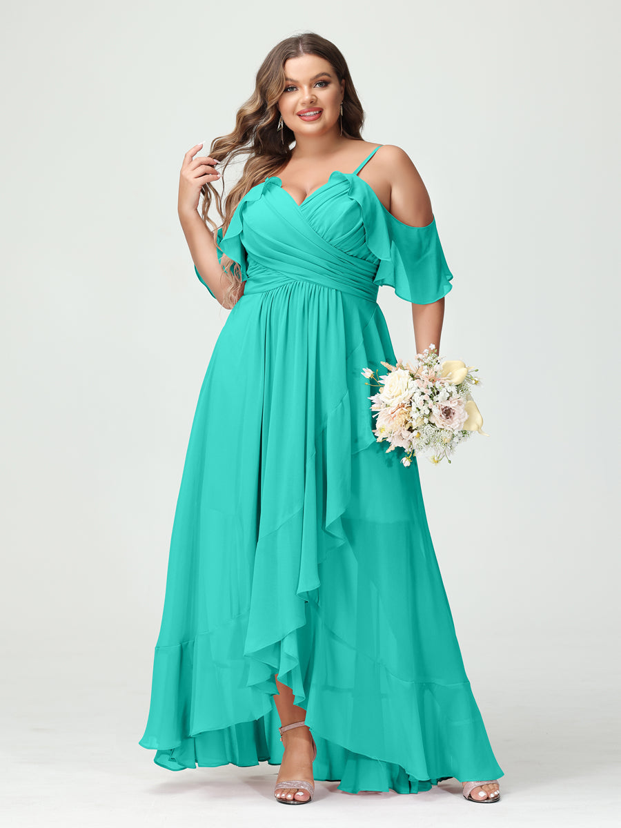 A-Line/Princess Spaghetti Straps V-Neck Short Sleeves Chiffon Ruffles Asymmetrical Plus Size Bridesmaid Dresses