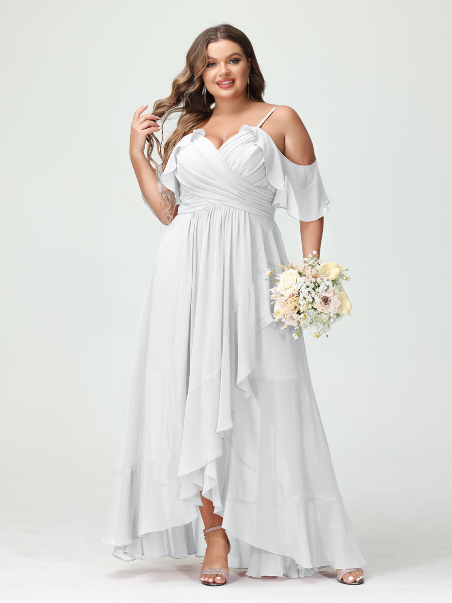 A-Line/Princess Spaghetti Straps V-Neck Short Sleeves Chiffon Ruffles Asymmetrical Plus Size Bridesmaid Dresses