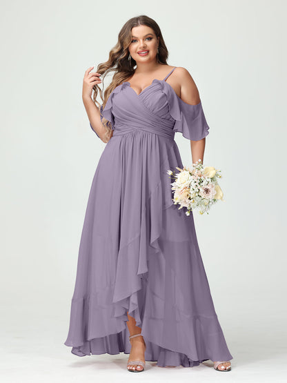 A-Line/Princess Spaghetti Straps V-Neck Short Sleeves Chiffon Ruffles Asymmetrical Plus Size Bridesmaid Dresses