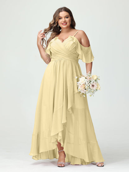 A-Line/Princess Spaghetti Straps V-Neck Short Sleeves Chiffon Ruffles Asymmetrical Plus Size Bridesmaid Dresses