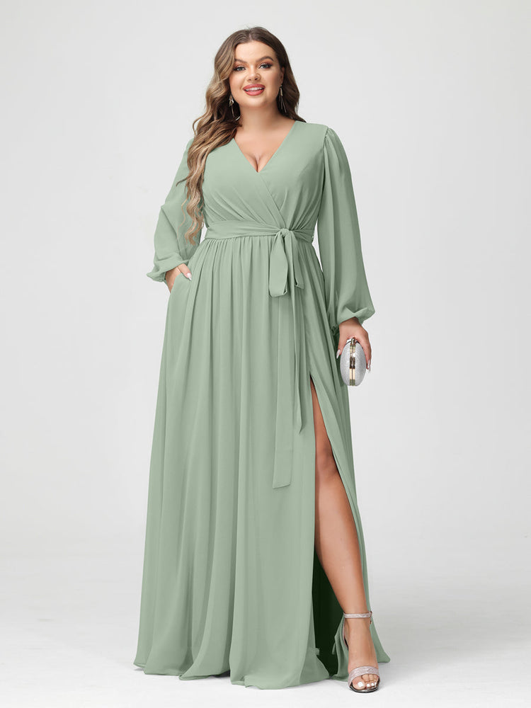 A-Line/Princess V-Neck Long Sleeves Chiffon Plus Size Bridesmaid  Dress-Lavetir